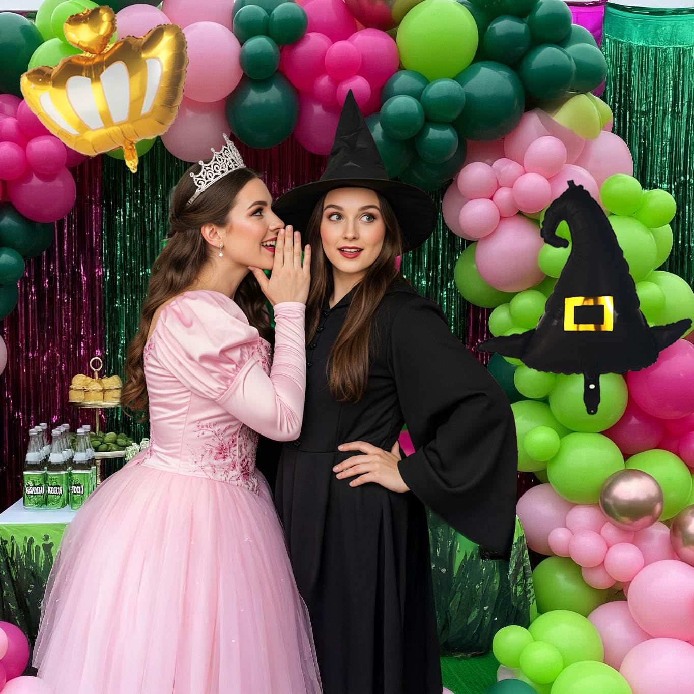 Green and Pink Balloon Garland Arch Kit, 120pcs with wizard hat star crown mylar balloon and Fringe Curtain Banner for Musical Theatre Witch Themed Birthday Baby Shower Decoration