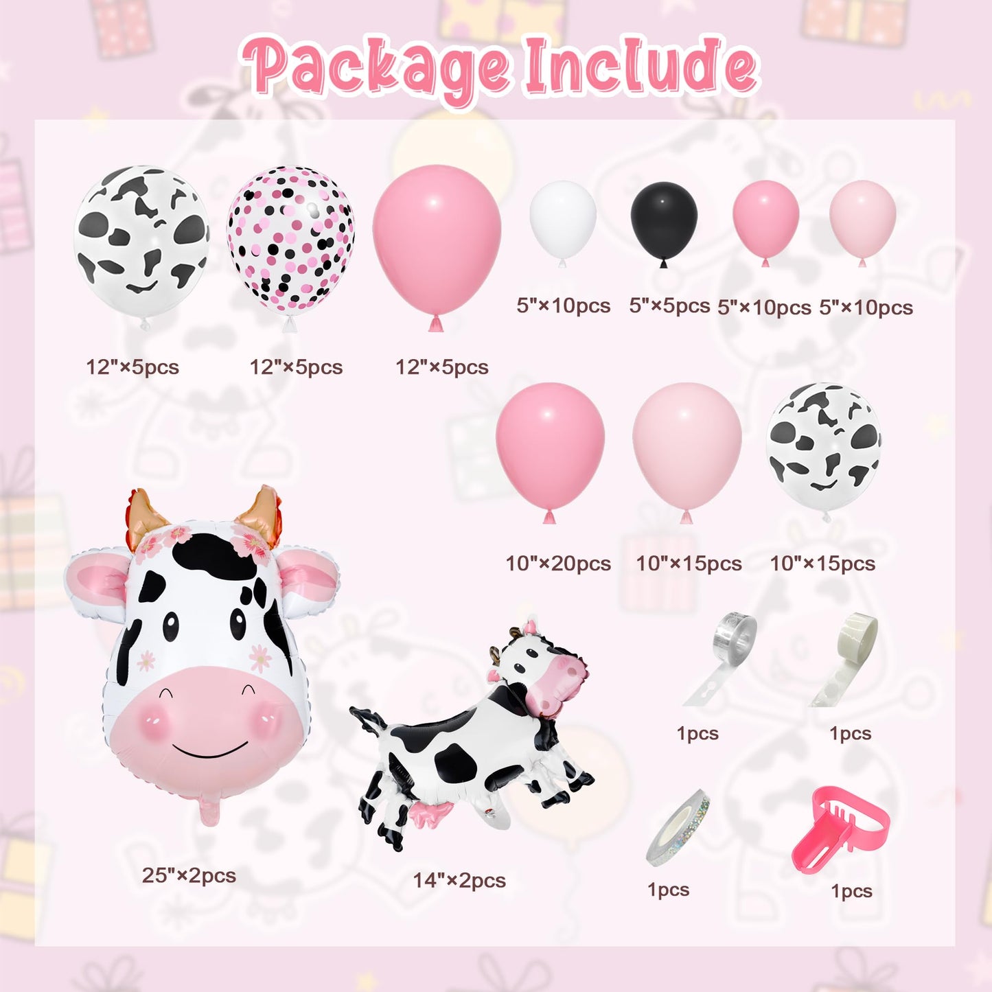 Amandir 115PCS Pink Cow Party Decorations - Balloon Garland Arch Kit with Cow Print Balloons, Happy Birthday Banner, Cake Topper for Girl Baby Shower, Farm Animals Themed Birthday Party Supplies
