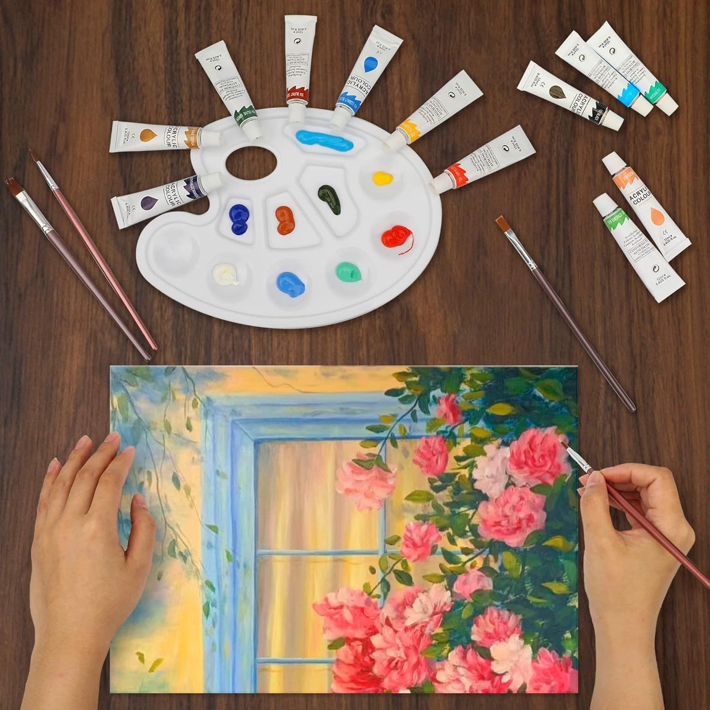 Acrylic Paint Set with 3 Paint Brushes, 24×12ml Colors Premium Paint Set with 1 Palette 1 Canvas Boards, Art Painting Kits for Adults, Paints Supplies for Canvas Rock Painting Craft Art Class