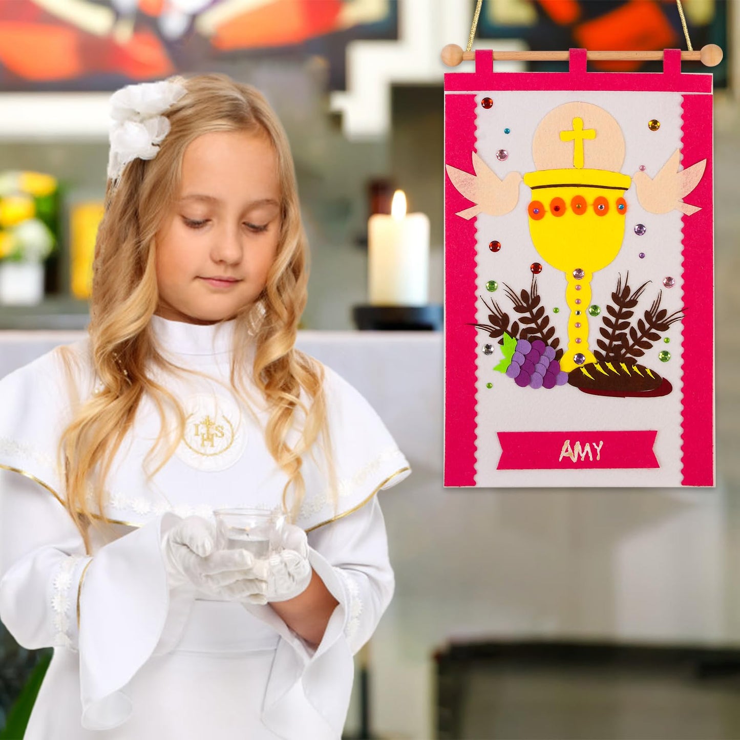 First Communion Banner Kit Girls 9 x 14 Inch First Holy Communion Banner kits Sunday School DIY Arts and Crafts kit for kids First Communion Gifts for Girls or Boys (Pink)