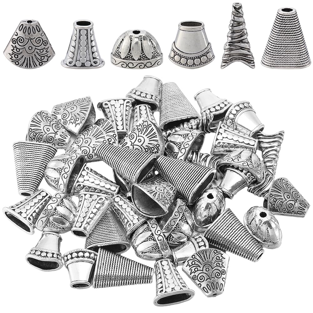 SOFPLATE 48Pcs 6 Styles Cone Bead Caps Spacer Bead Caps Alloy Antique Silver Tibetan Flower Cones Tassel End Beadings Findings for Jewelry Making DIY Bracelet Necklace Earrings Supply Accessories