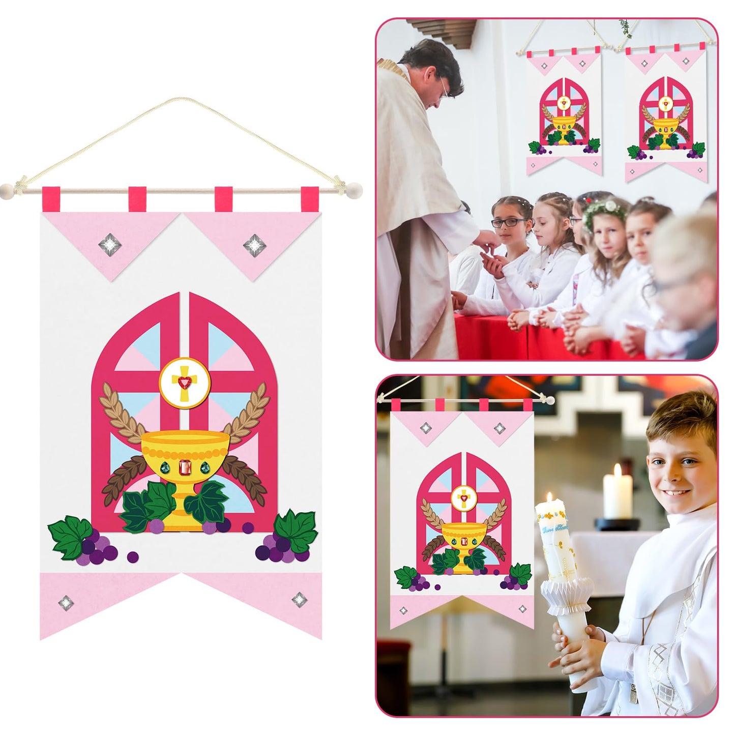 HunnmingRe First Communion Banner Kit for Girls and Boys, 12 x 18 Inches 1st Holy Communion Banner Kits Felt Catholic Gifts for Sunday School DIY Arts and Crafts(Stylish)