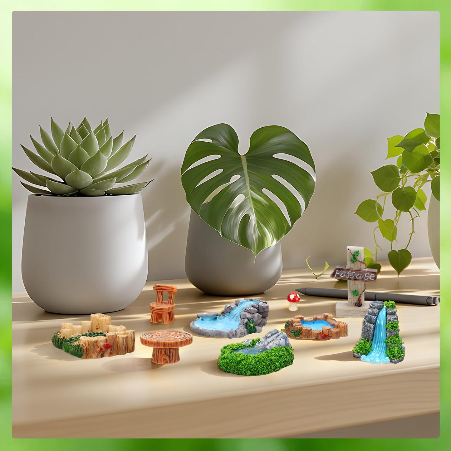 GGSTDDUP Mini Fairy Garden Accessories, Miniature Landscape Decorations Included Mini Bridge Pond Water Well for DIY Craft Lawn Pond Decor