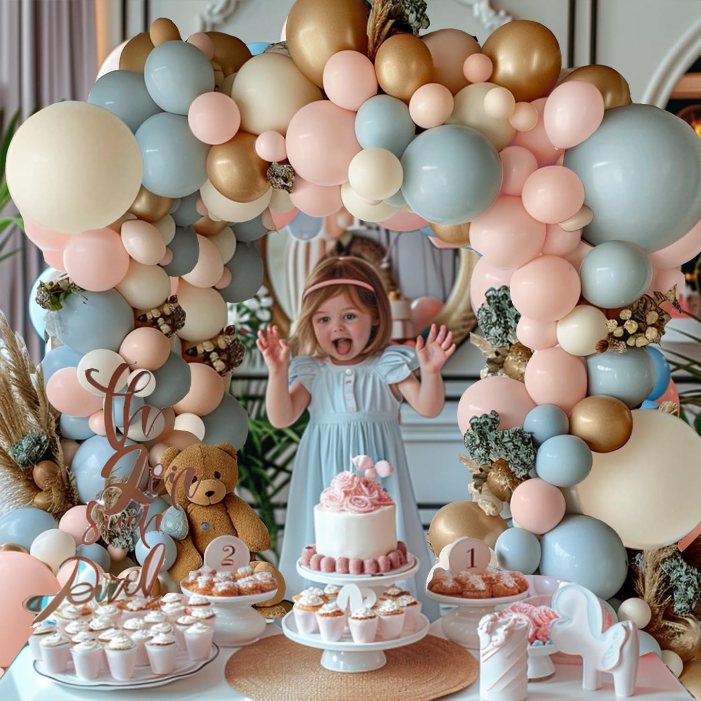 Gender Reveal Balloon Arch Kit, 144PCS Dusty Pink and Blue Balloons Chrome Gold Sand White Balloons for Boy or Girl Gender Reveal Boho Bachelorette Birthday Wedding Bridal Bear Theme Decorations