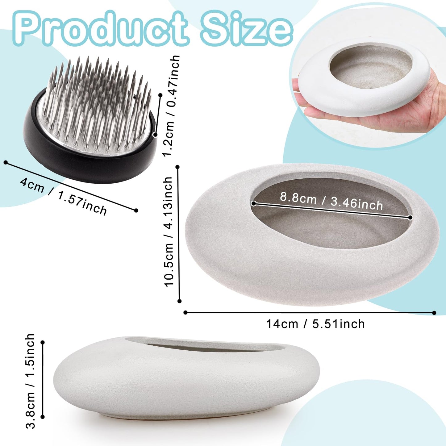 Folmywy Ikebana Flower Frog Vase Kit Japanese Flower Arrangement with 1.57 Inch Kenzan Ceramic White Pebble Shaped Bowl for Ikebana Teaching Aids Art Supplies Home Decor (5.51x4.13in)