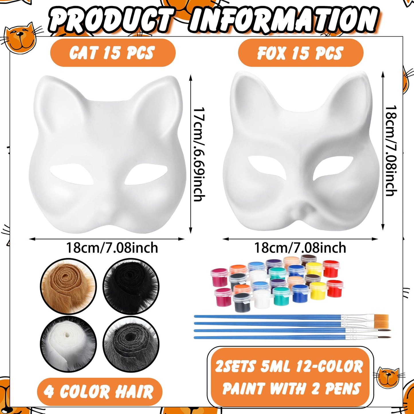 JellyArch 36 Pcs DIY Therian Mask Kit Bulk 30 Blank Animal Mask with Faux Fur Eye Mesh for Christmas Gear Therian(Cat, Fox)