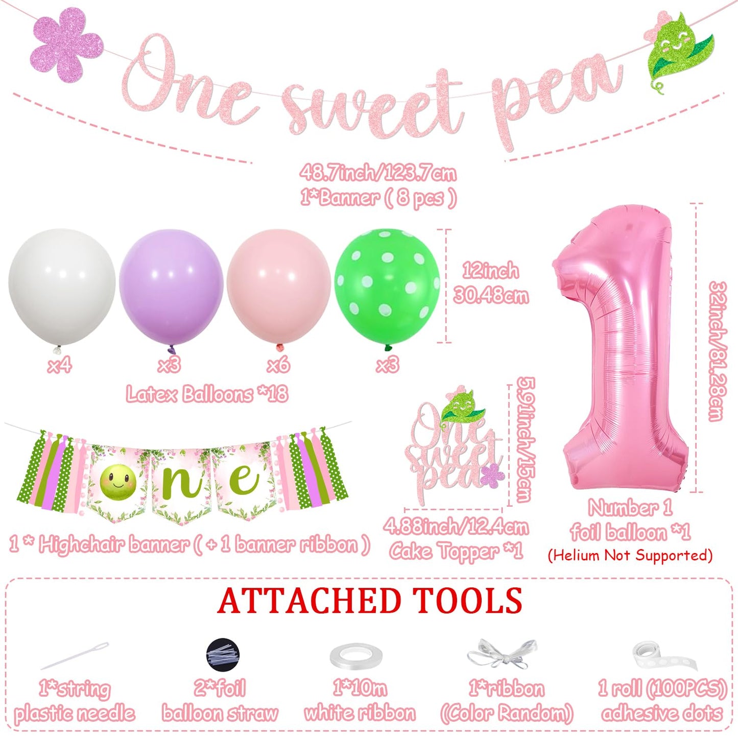 One Sweet Pea Birthday Decorations Pink, Sweet Pea Themed 1st Banner High Chair Banner and Cake Topper Latax Ballons and Number 1 Foil Ballon Kit for Pea First Birthday Party Supplies