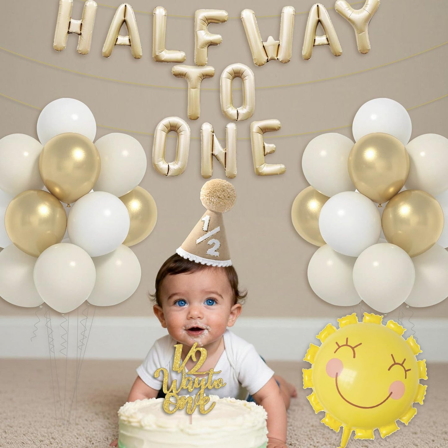 Half Birthday Decorations for Baby Girl - Khaki 1/2 Birthday Hat, Half Way to One Balloon Banner, Gold and White Balloons, 1/2 Cake Topper, Sun Balloons, 6 Months Party Supplies