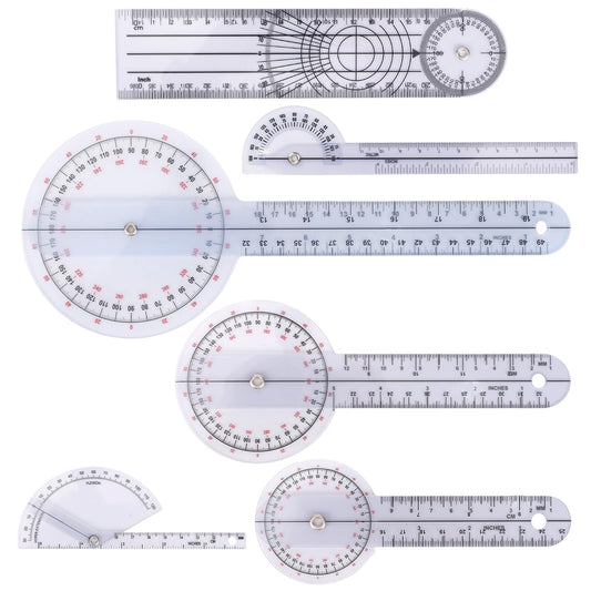 6pcs Goniometer Set, 360 Degree Transparent Finger Protractor 6/8/12 Inch Angle Ruler Measurement Tool for Physical