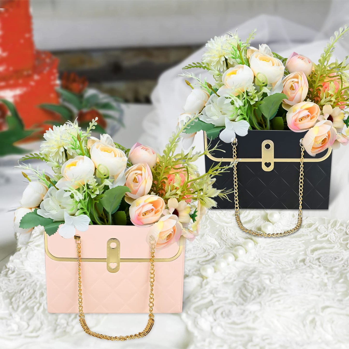 VAIPI 15 Pcs Flower Paper Gift Box with Metal Chain Flower Paper Gift Bags Flowers Bouquet Storage Bucket Florist Bag Floral Wrap Box for Valentines Mothers Day Wedding Party Supplies