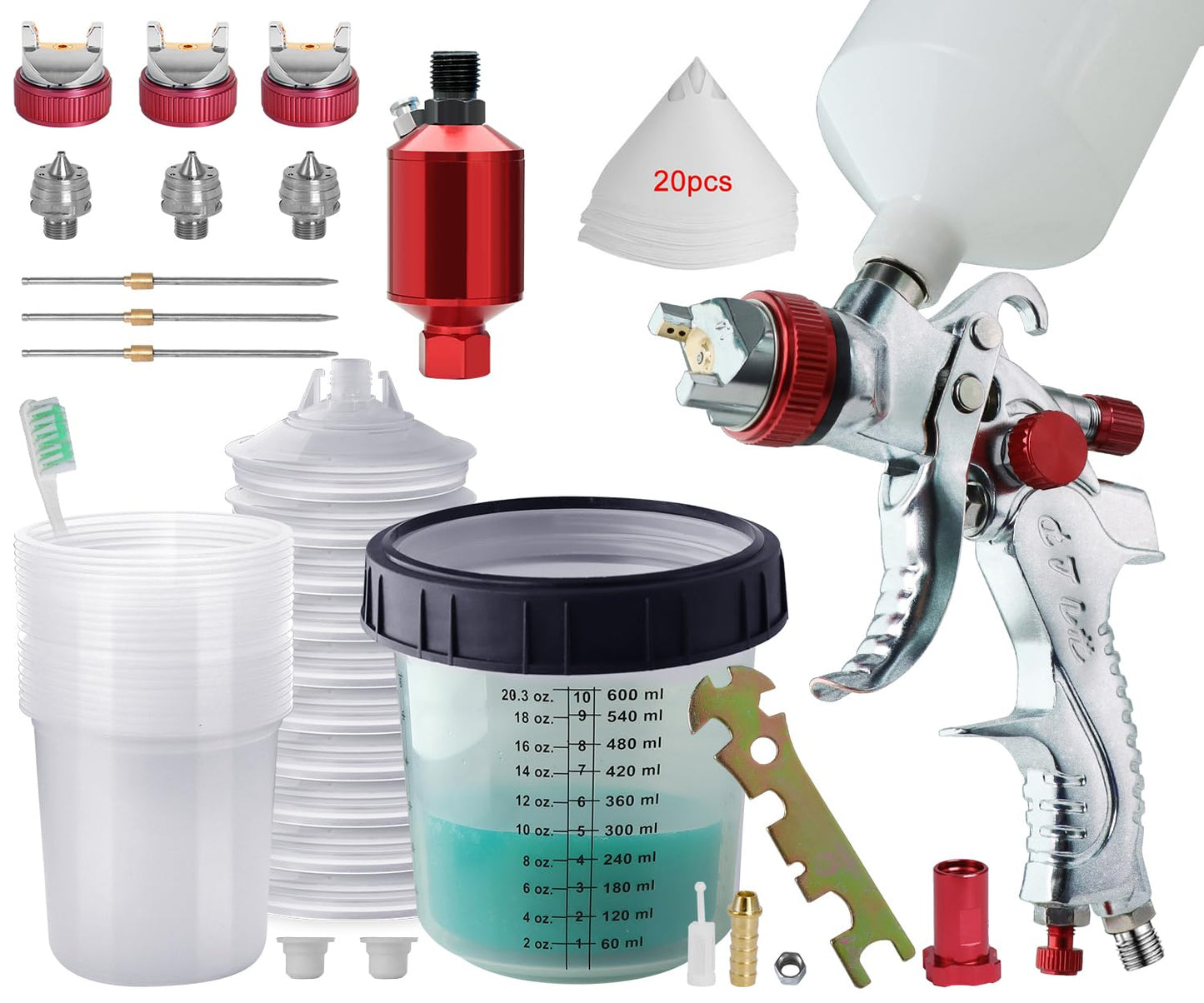 HVLP Spray Gun with 10Pcs 600ML Mixing Cups,Paint Spray Gun with 1.4/1.7/2.0mm Nozzles & Air Compressor Regulator,and Paint Sprayer Accessories,Paint Guns Automotive for Car, House Painting(Red)