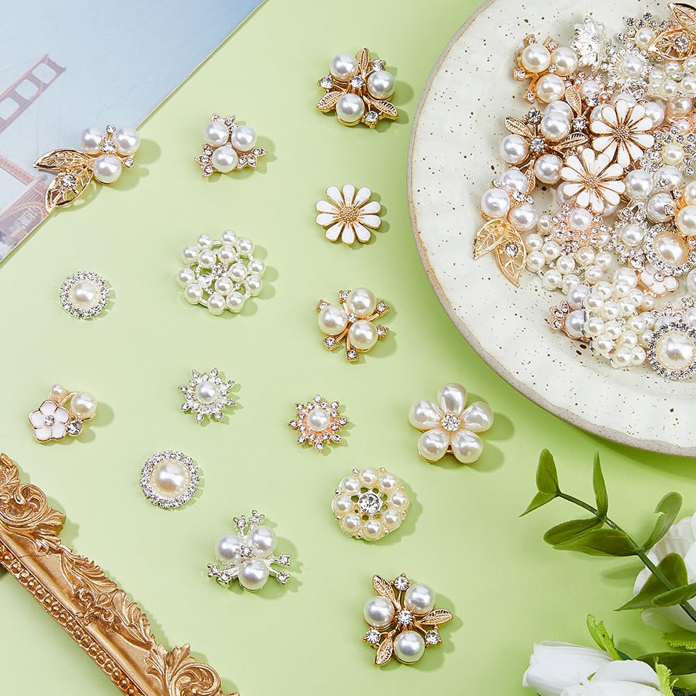 SUPERFINDINGS 60Pcs 15 Styles Rhinestone Buttons White Faux Pearl Buttons Flower Button Embellishments Craft Flat Back Rhinestone Embellishments for Sewing DIY Wedding Clothes Bags Shoes Decorations