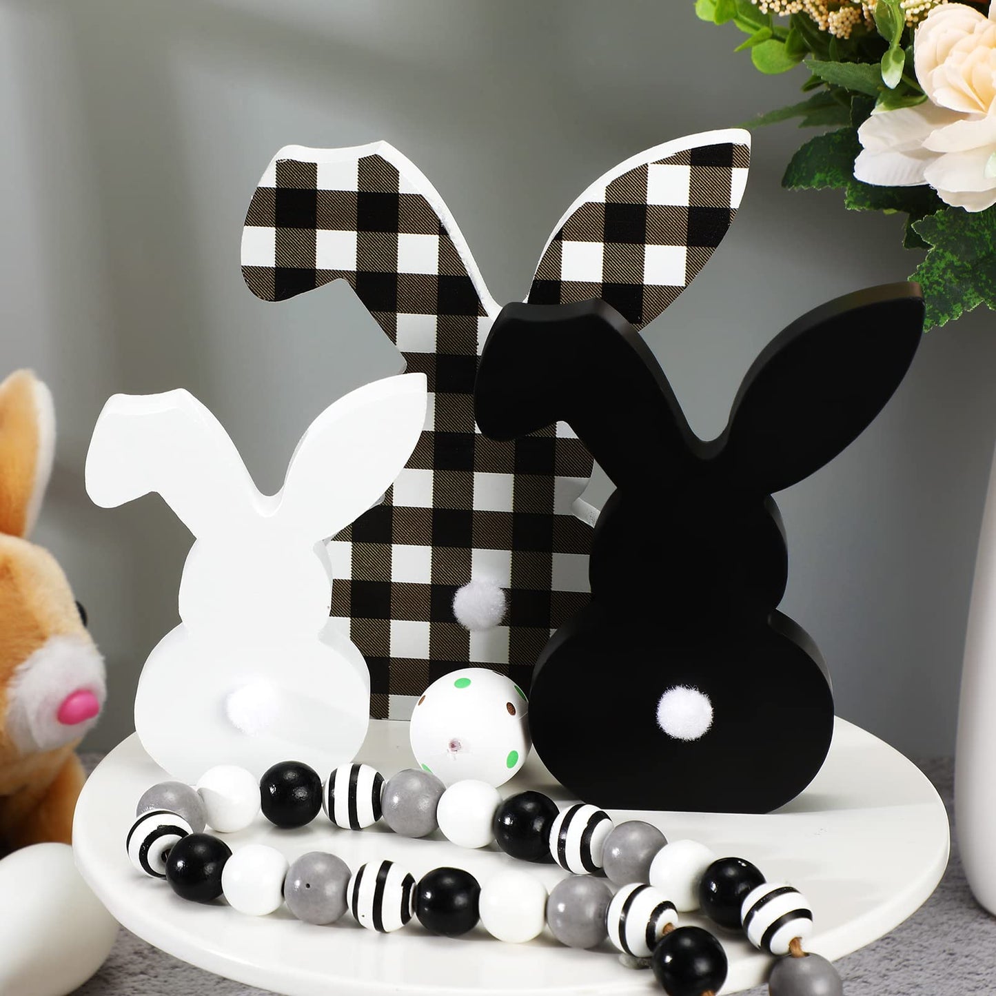 3 pcs Easter Bunny Table Wooden Signs Decor Spring Farmhouse Wood Bunnies Buffalo Plaid Bunny Cute Easter Craft Freestanding Centerpiece Signs for Kids Happy Easter Party Supplies Dining Room Table