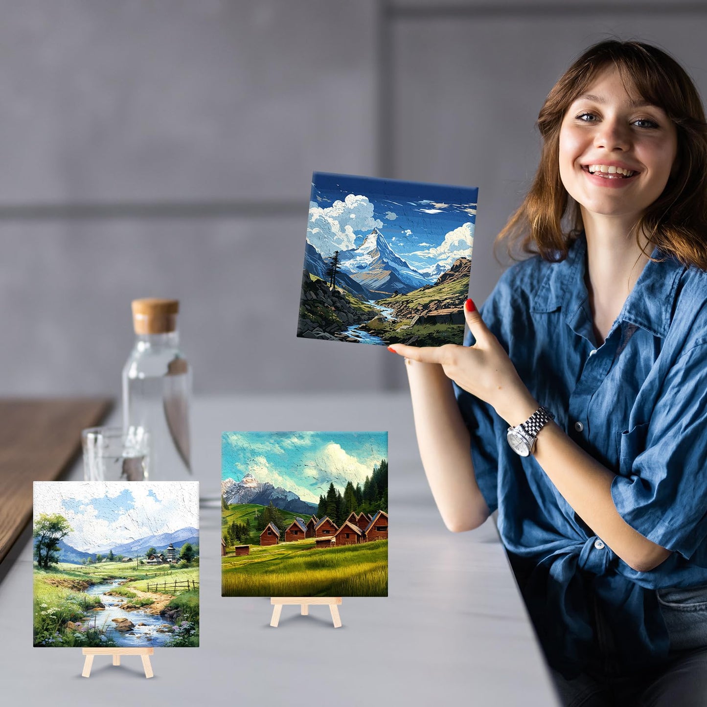 RoundFunny 8 Set Paint by Numbers Kit for Adults with 8x8 Inch Mini Simple Painting Canvas Wooden Frame Easel Acrylic Paints Brushes Funny Numbers Drawing Kit for Gift Home Wall Decor(Landscapes)