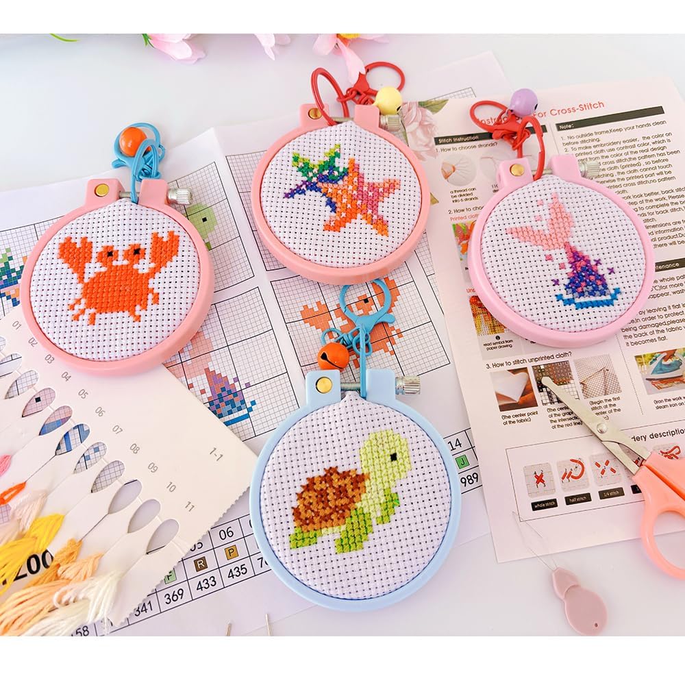 VIGEGU 8 Pack Cross Stitch Kits for Beginners,Marine Animals Stamped Cross Stitch Kits for Kids,Crafts for Girls 8-12 Embroidery Kit 11CT Cross Stitch Kit for Beginners with Frame