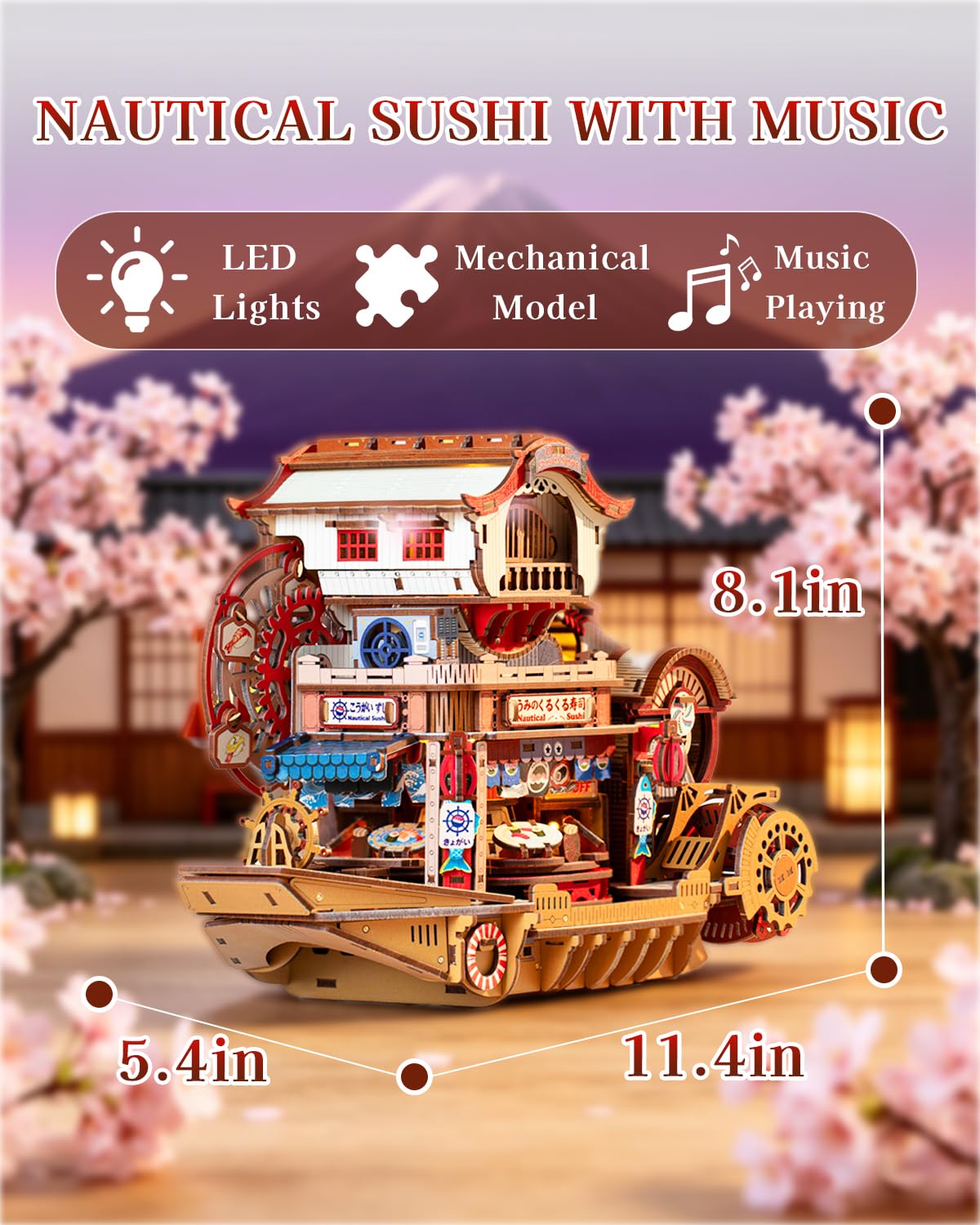Nautical Sushi 3D Puzzles for Adults, 425PCS Wooden Mechanical Model Building Kit with Music and Lights, Miniature House Kit, Unique Home Decor Craft Gifts for Christmas Birthday
