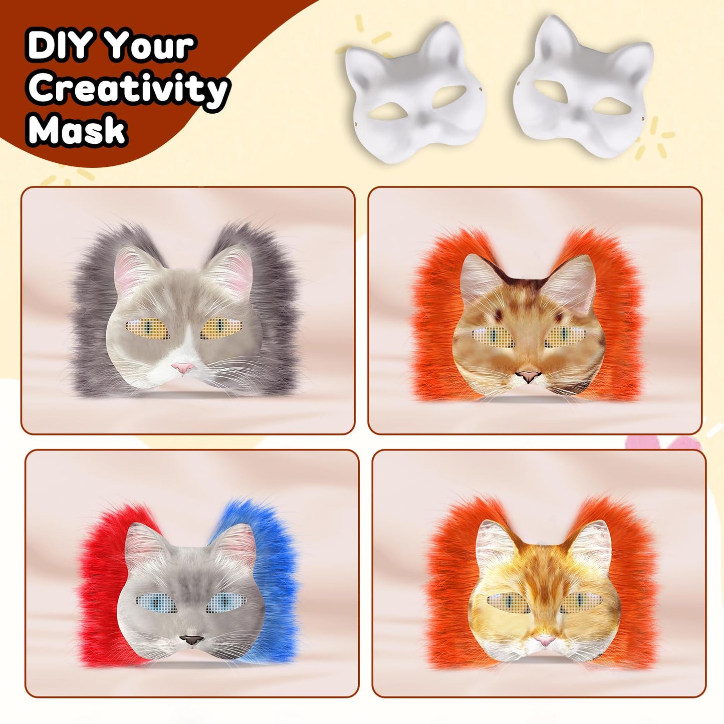 Cat Mask with Eye Mesh Fur Beard and Felt Fabric Sheet,98 PCS DIY Animal Mask Kit Cat Masks to Paint Blank Animal Dress Up Masks,DIY Face Mask Costume for Masquerade,Halloween Party,Cosplay