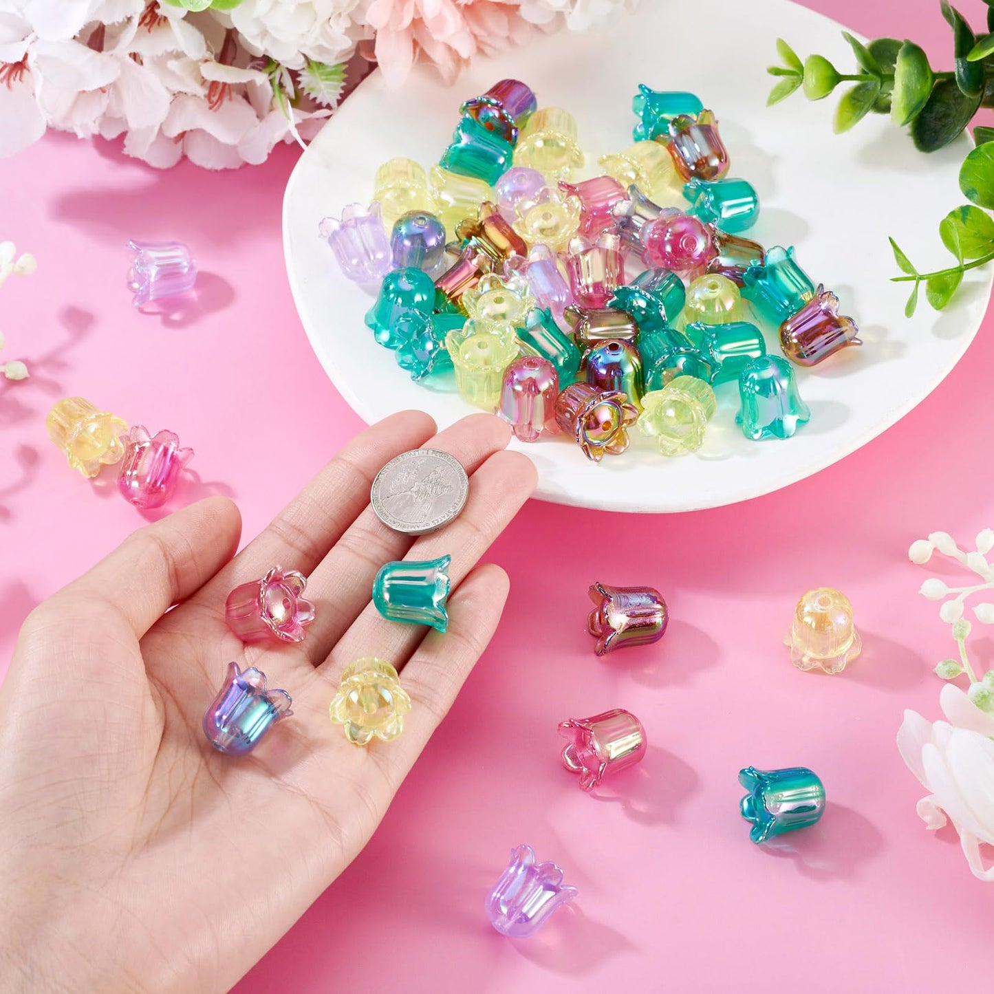FASHEWELRY 50Pcs Acrylic Flower Beads Caps, Iridescent Colorful Transparent Lily Tulip Flower Bell Beads for DIY Tassel Earring Wind Chimes Craft Jewelry Making