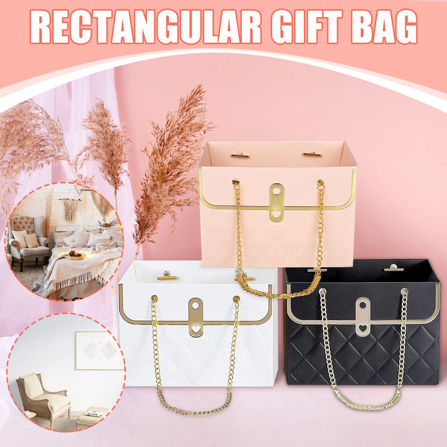 VAIPI 15 Pcs Flower Paper Gift Box with Metal Chain Flower Paper Gift Bags Flowers Bouquet Storage Bucket Florist Bag Floral Wrap Box for Valentines Mothers Day Wedding Party Supplies