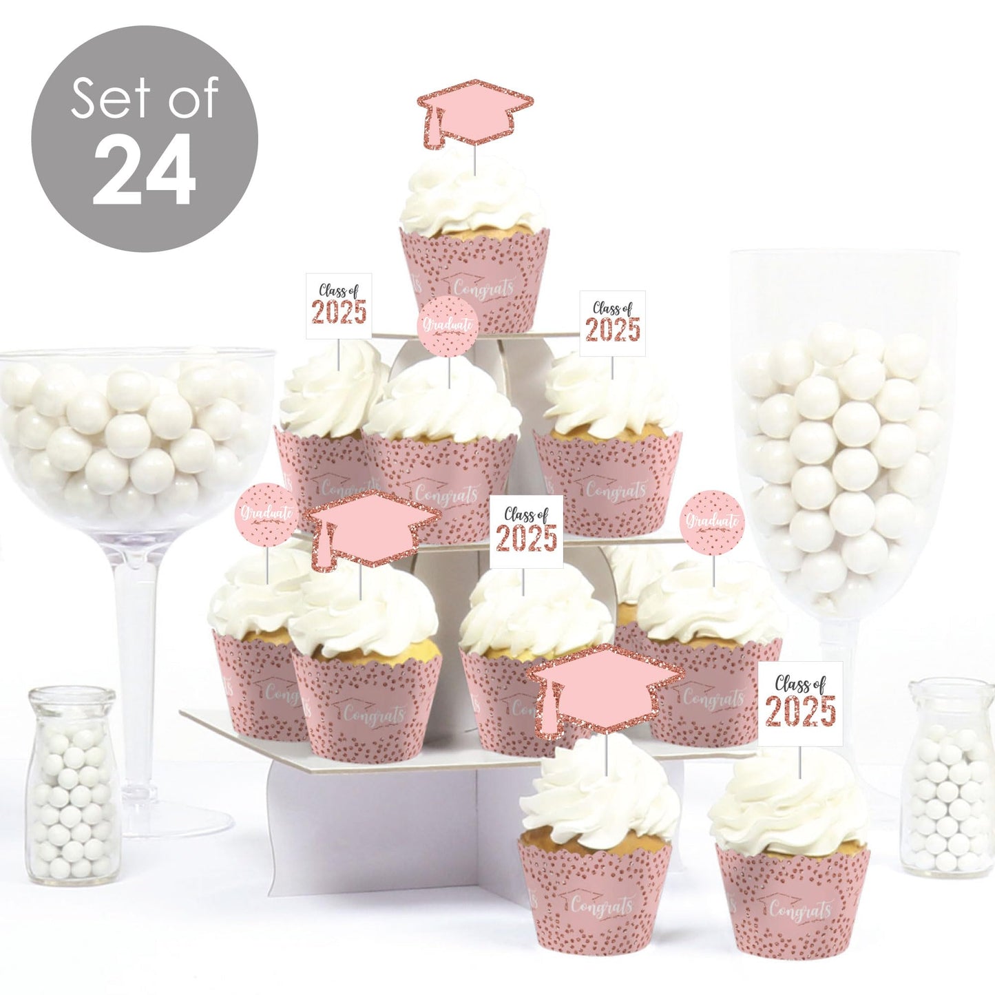 Big Dot of Happiness Rose Gold Grad - Cupcake Decoration - 2026 Graduation Party Cupcake Wrappers and Treat Picks Kit - Set of 24