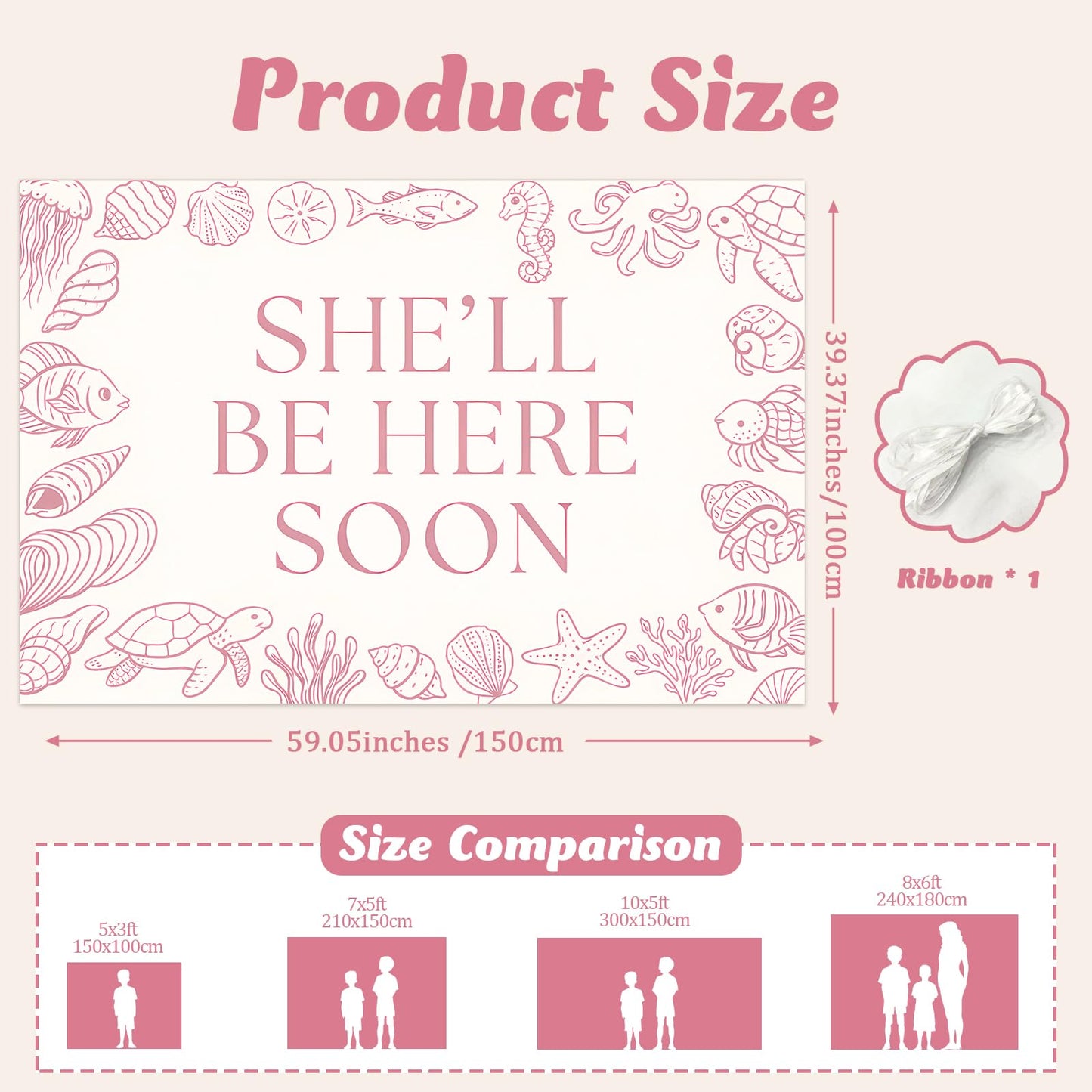 She'll Be Here Soon Backdrop Sea You Soon Baby Shower Decorations Banner Pink Seashell Seahorse Starfish Ocean Animals Photography Background for Girls Under The Sea Baby Shower Supplies 5x3ft