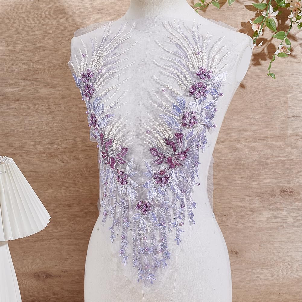 NBEADS 12 Yards Beaded Pearl Flower Fabric, 12.2inch Wide Beaded Flower Lace Applique 3D Floral Embroidered Mesh Fabric Handmade Sewing Tool for DIY Neckline Bodice Wedding Bridal Prom Dress, Lilac