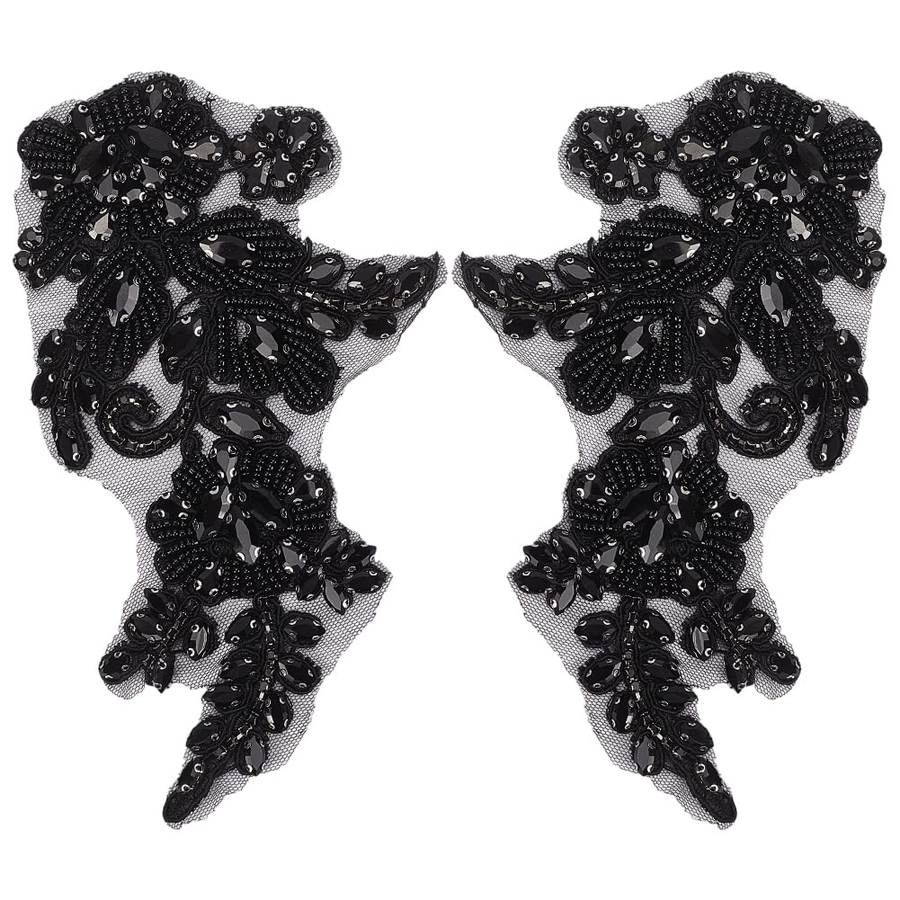CABODYALS 2Pcs Black Floral Rhinestone Applique Handmade 3D Flower Pearl Beaded Lace Trim Appliques Crystal Bead Embroidery Sew on Tulle Pathes for Sewing Making Dresses Bridal Wedding Gowns Clothes