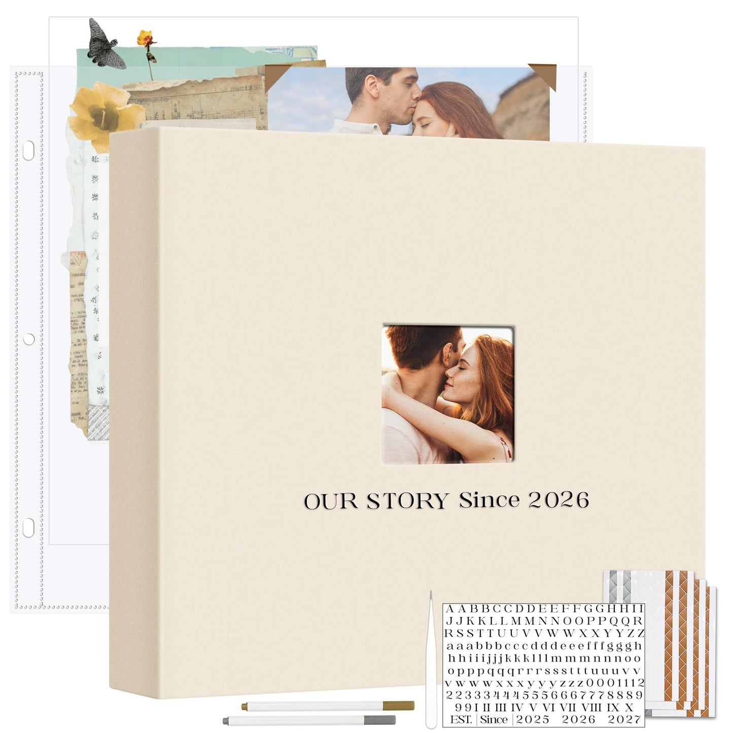Vienrose Linen Scrapbook Photo Album Kit, Large 3 Ring Binder Scrapbook with 30 Plastic Sleeves, 15x13 Inch DIY Memory Book for Wedding, Anniversary, Family & Kids Keepsake Gift, Beige
