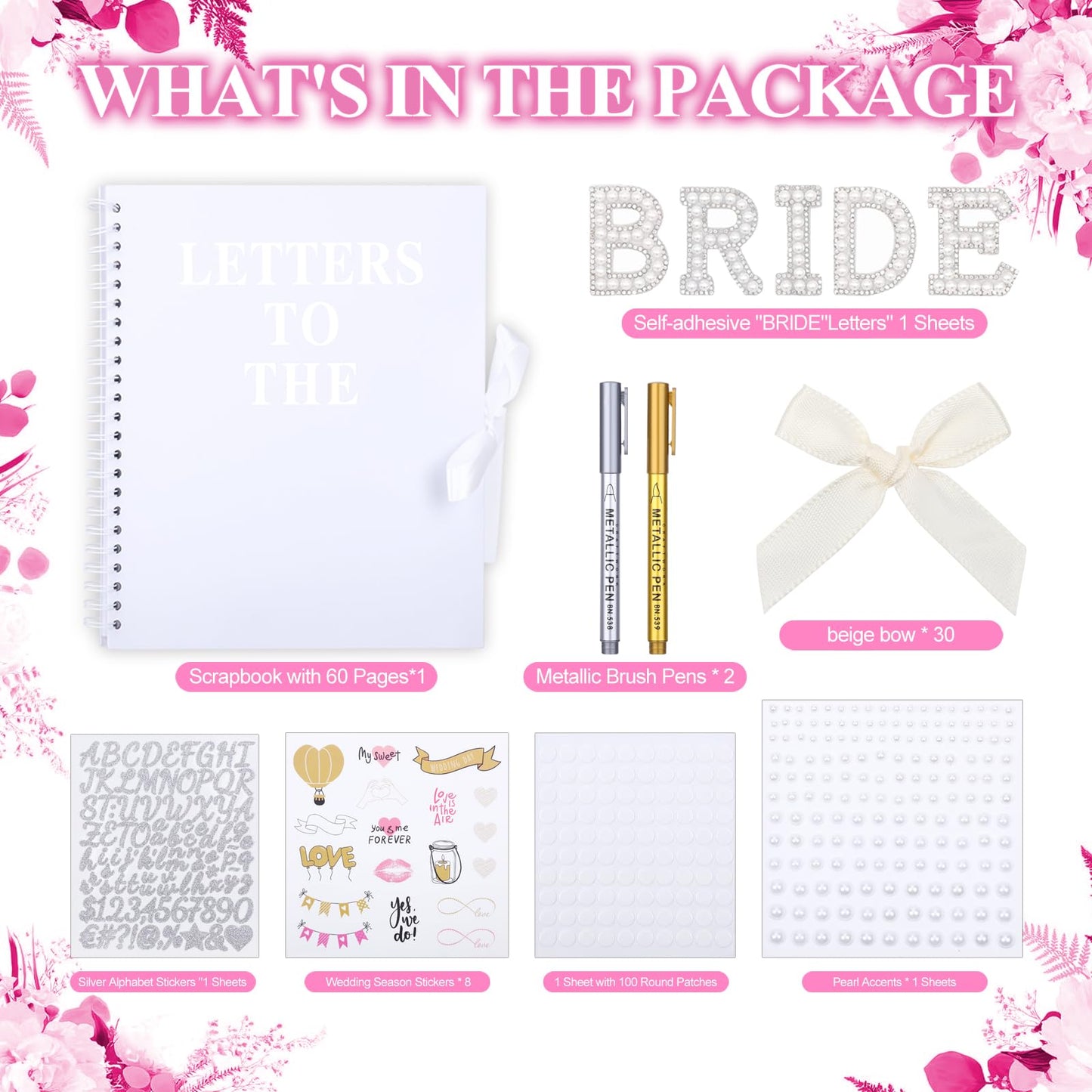 Wukfuiui Letters to The Bride Scrapbook 8 x 8 Inch Wedding Photo Album Kit DIY Guest Book for Bride with Metallic Pens Pearl Stickers Bows Memory Book with Thick Paper for Letters, Bridal Shower Gifts