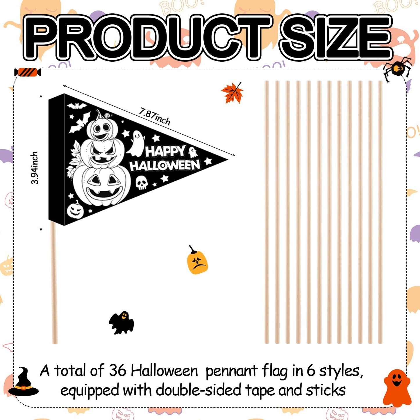Humyoun 36 Packs Halloween Coloring Crafts Color Your Own Flag Pumpkin Witch Ghost Mummy Skeleton Craft Kits for Halloween Home DIY Activities Haunted House Party Favors