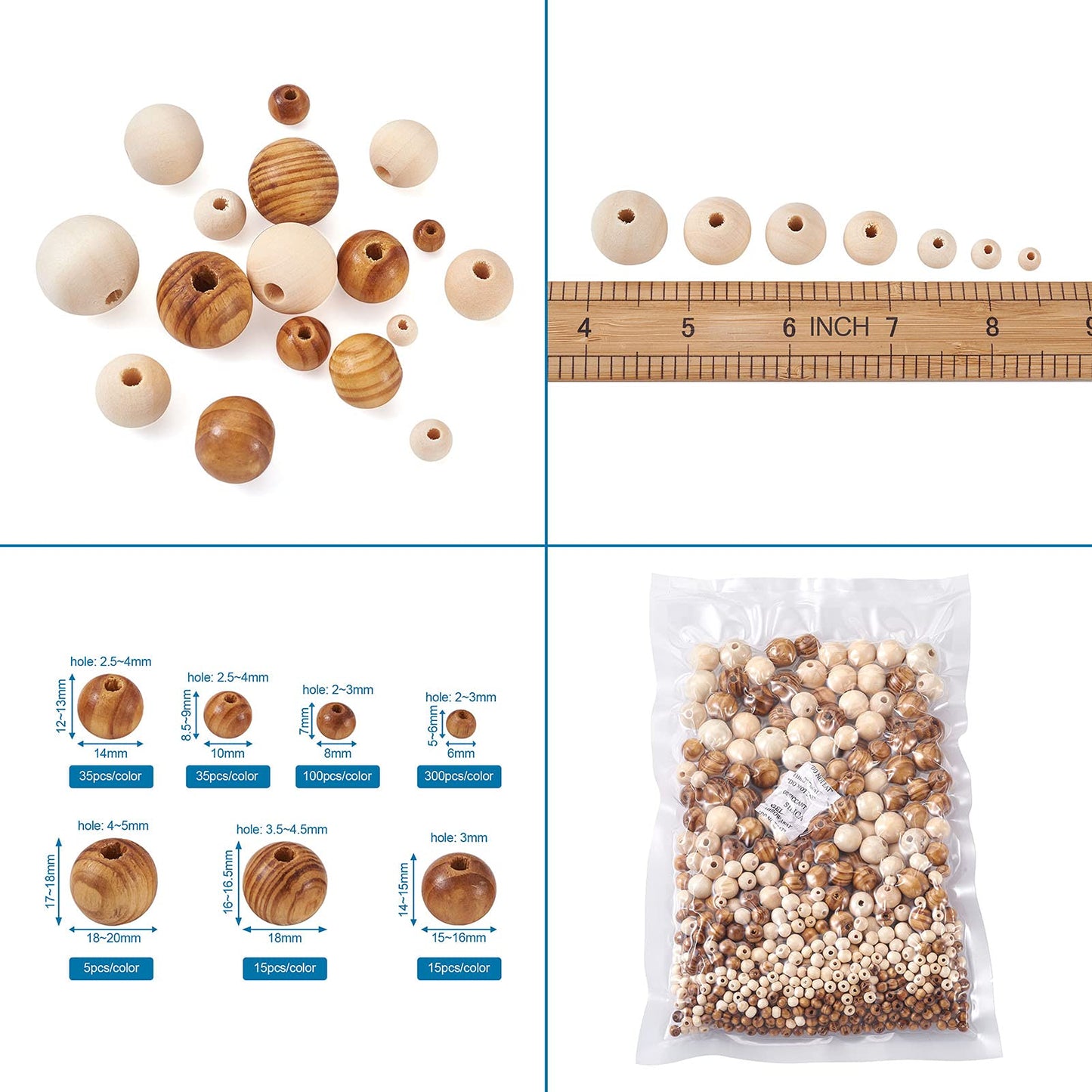 Craftdady 1010pcs Natural Wood Round Beads 7 Sizes Polished Wooden Ball Rondelle Loose Beads for Jewelry Bracelet Necklace Craft Making Home Party Decor