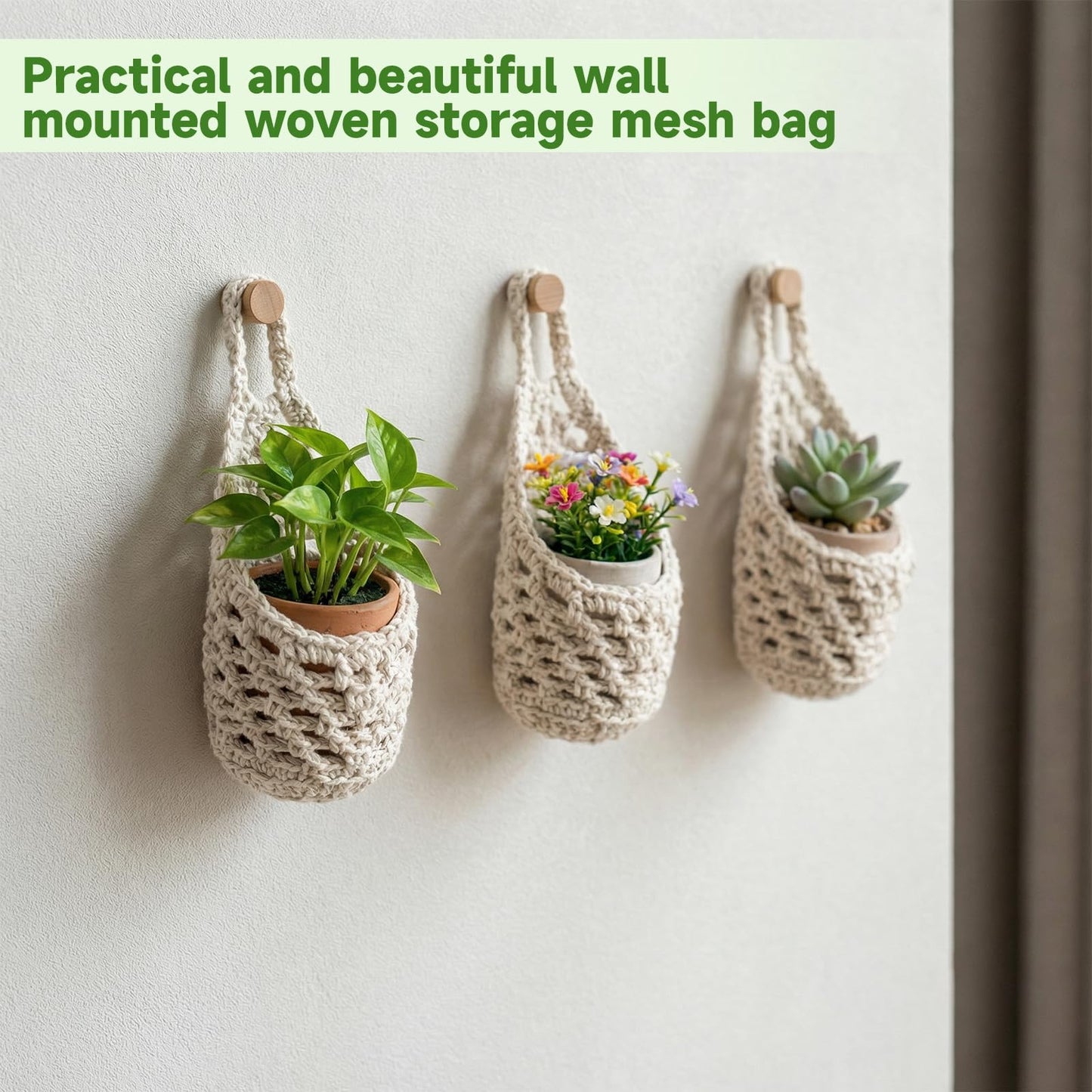 Yuanan 6 Pack Macrame Plant Hangers, 9.4 X 5.1 Inch Wall Hanging Basket Bulk Small Hanging Planters Cotton Hang Wall Basket Handwoven Walls Hangings Planter, Plants and Pots are Not Included-White
