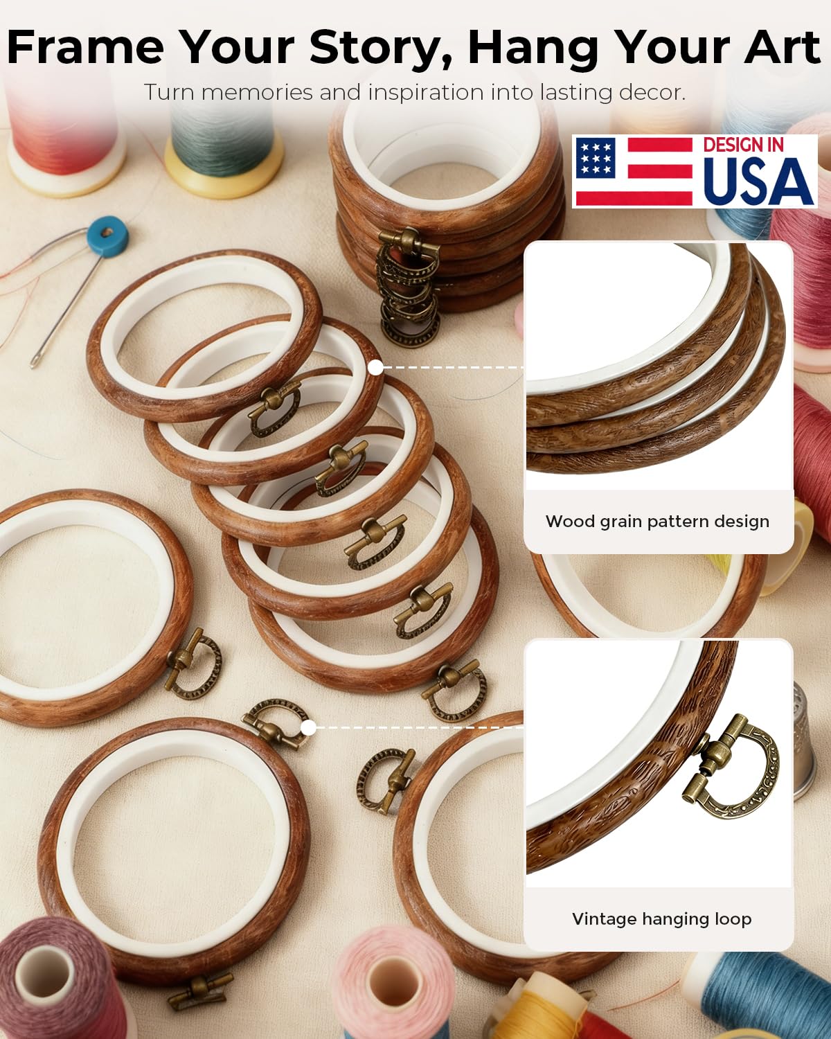 24 PCS 5Inch Round Embroidery Hoop Ring, Imitated Wood Cross Stitch Display Frame,Rubber Material Embroidery Hoop Kits for DIY Craft Sewing Hanging Gifts Christmas Halloween Ornament