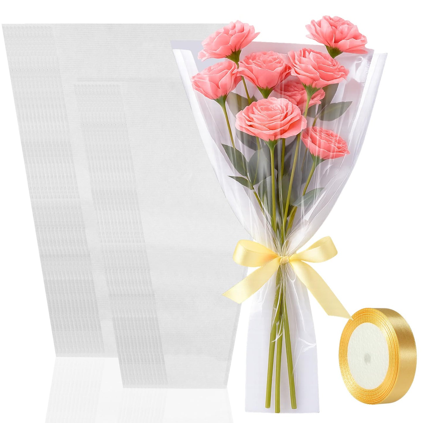 Fullhawl 50 Pcs Flower Bouquet Wrapping Bags 9.8 x 17.9 Inch and 14.2 x 22 Inch Mother's Day Kraft Paper Flower Sleeves Floral Bags with Ribbons for Bouquet Wedding Birthday Graduation (White)