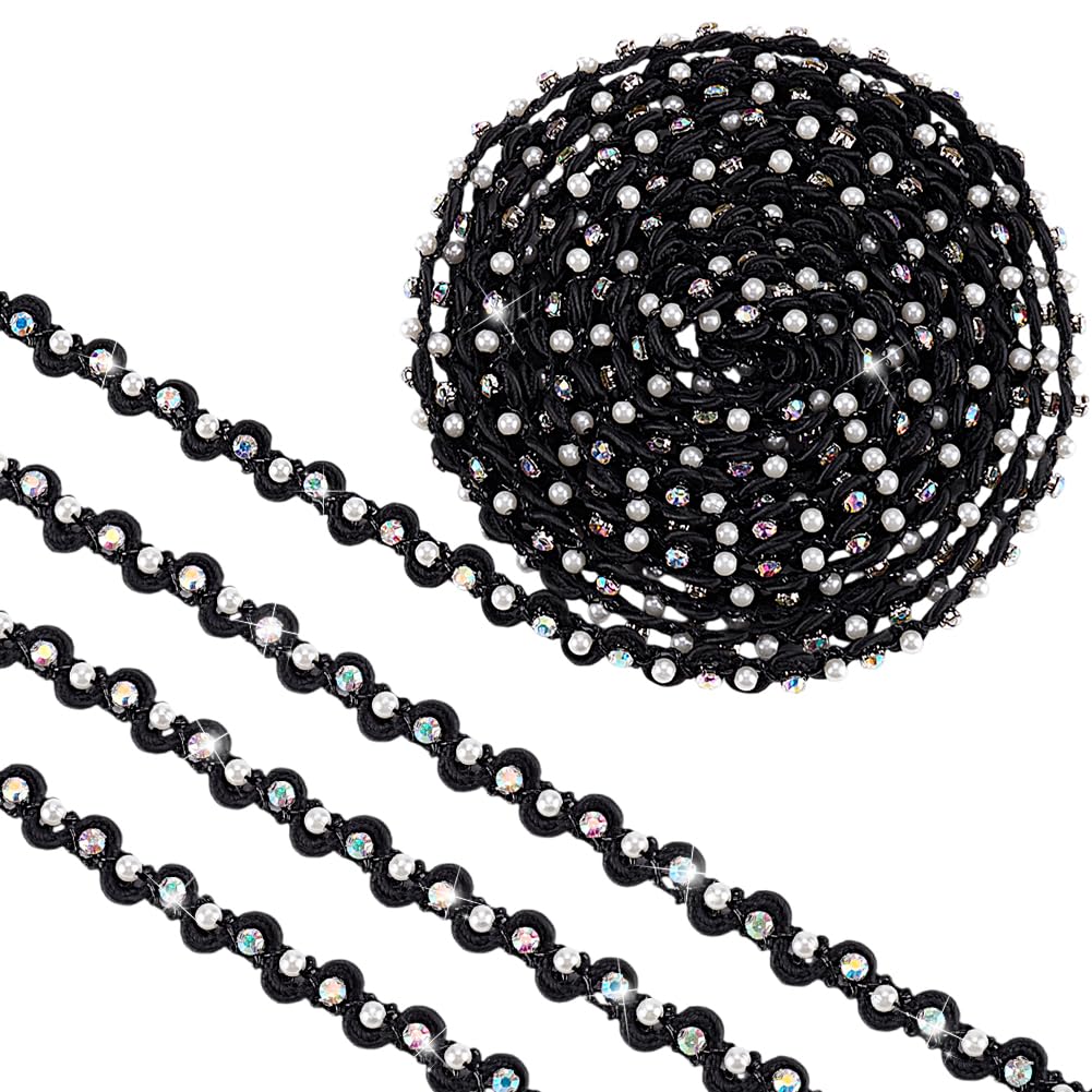 PH PandaHall 4 Yards Pearl Lace Trim 3/8 inch Black Wavy Lace Ribbon Pearl Fringe Rhinestone Fringe Applique Fabric Gimp Braid Ribbon for Costume Curtain DIY Craft Jewelry Party Halloween