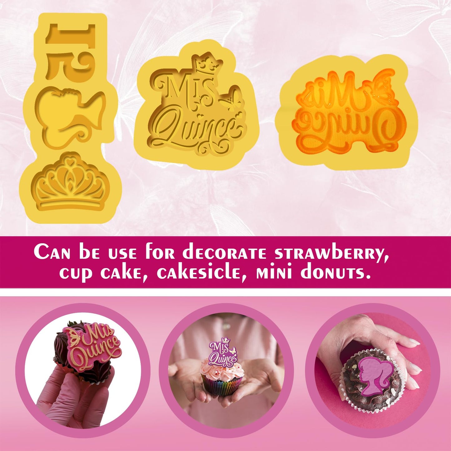 Mis Quince silicone mold Set 3 pcs for Cupcake topper,chocolate covered Strawberries, and Quinceañera Decorations, crown molds for chocolate, Mis 15 años fondant mold.