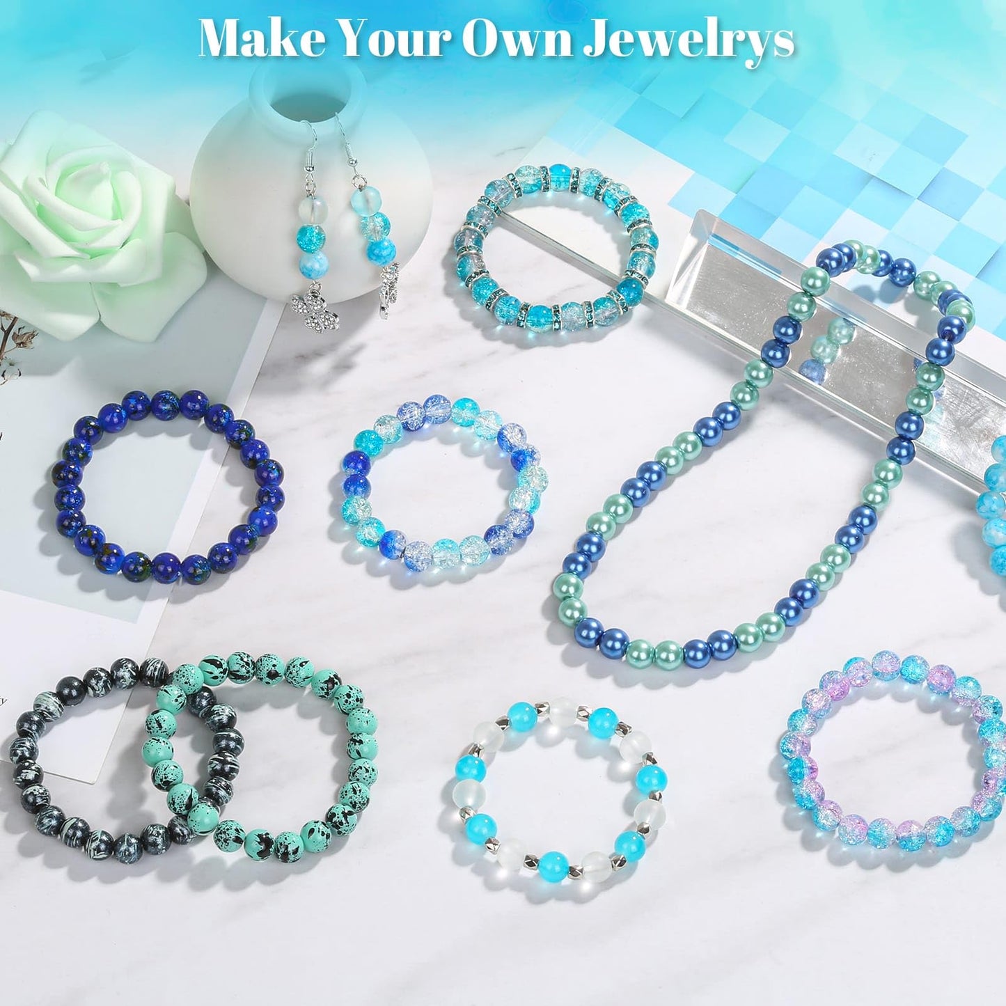 PAXCOO 720pcs Glass Beads for Jewelry Making 8mm, 24 Colors Bead Bracelet Making Kit Blue Round Loose Beads for Bracelet Earring Necklace Jewelry Making Supplies