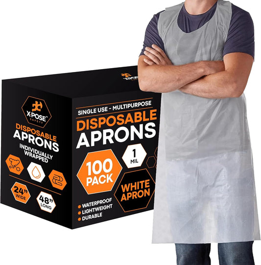 Xpose Safety 100 Pack White Plastic Disposable Bulk Aprons, Individually Wrapped Waterproof Polyethylene Aprons for Cooking, Food Prep & Cleaning, 1 Mil Durable Plastic, 24" x 48"