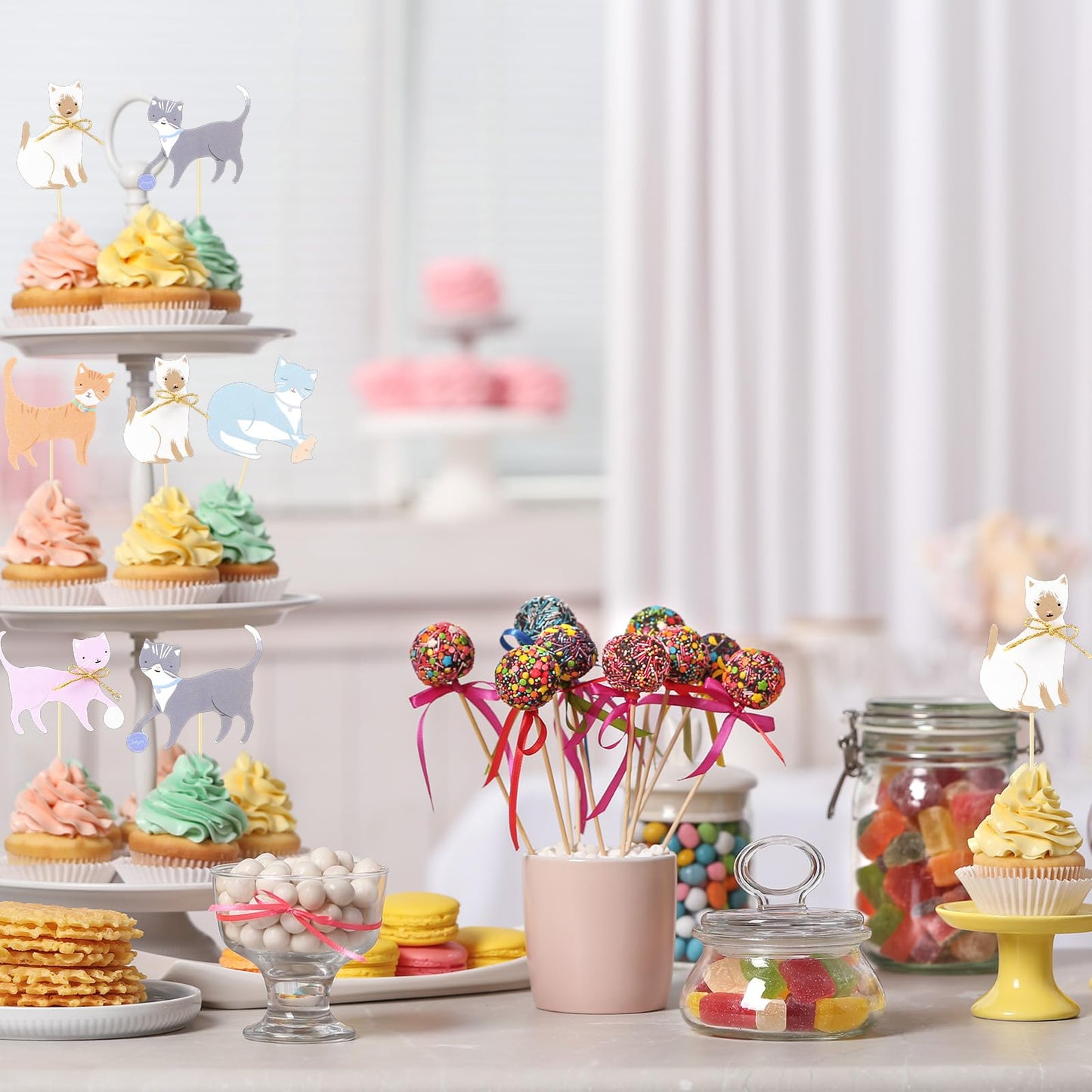 Vesici 48 Pcs Cute Kitten Cupcake Kit Include 24 Cat Cupcake Toppers and 24 Blue Pink Cake Liners Kitten Pet Themed Party Supplies for Birthday Pet Adoption Party Decorations