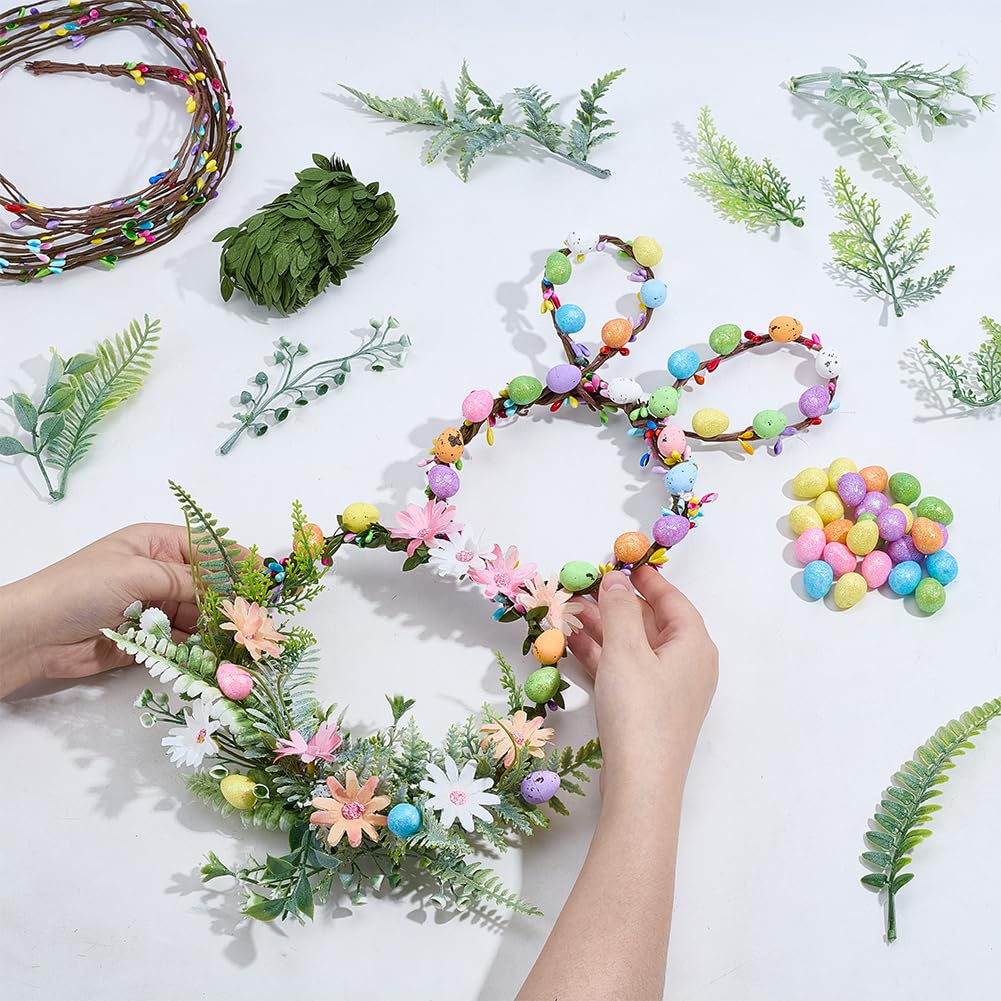 INFUNLY 20 Sets Rabbit Flower Crowns Making Kit 24 Inches Bunny Grapevine Wreath Kits DIY Festival Front Door Wreath with Pastel Eggs Hanging Floral Wreaths for Home Window Wall Holiday Party Decor