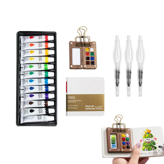YAKUNCL 12-Color Mini Watercolor Travel Set with Wooden Sketchbook Kit - Portable Watercolor Painting Set Including Water Brush Pen, Sketch Pad & Copper Clip for Artists, Students & Painters