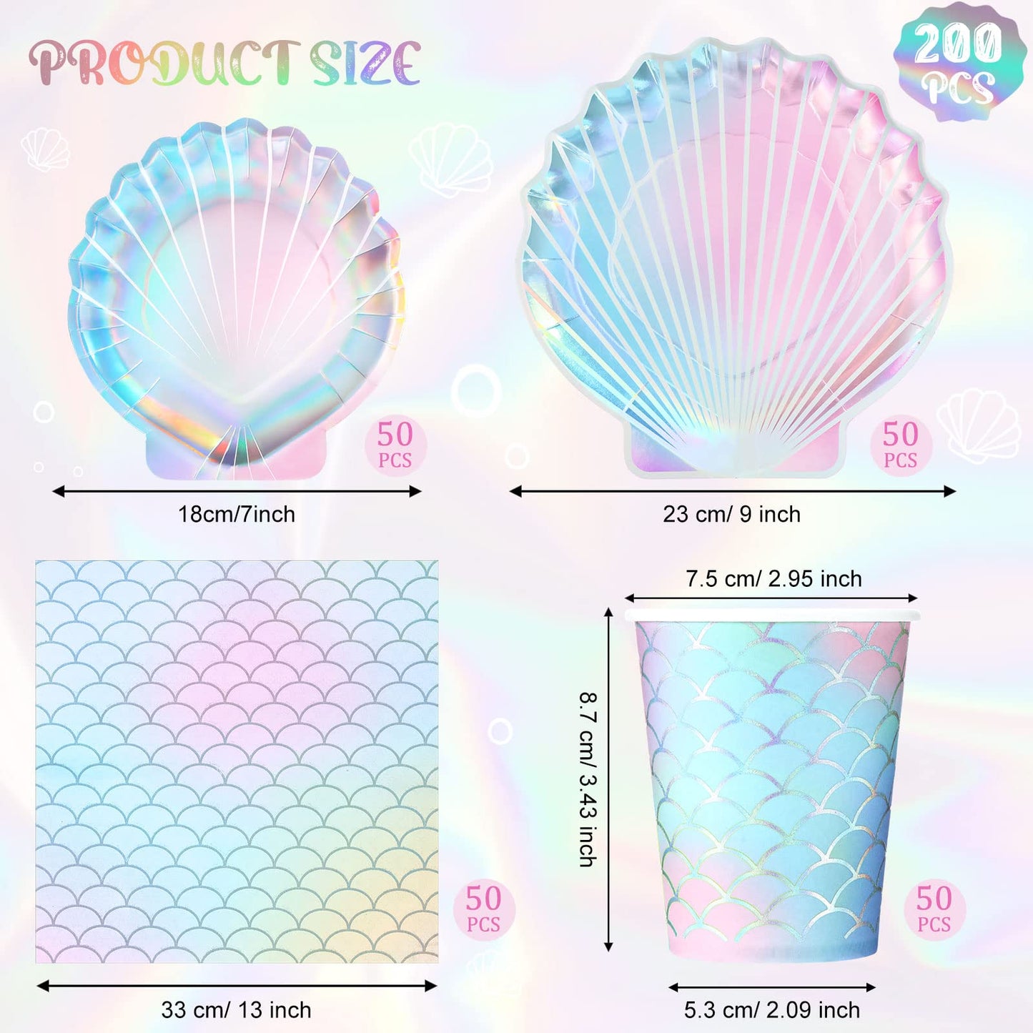 Hoolerry 200 Pcs Mermaid Party Supplies 7 Inch 9 Inch Disposable Paper Seashell Plates, Napkins and Cups Cutlery Dinnerware Set for Under The Sea Birthday Baby Shower Ocean Party Decoration, Sever 50