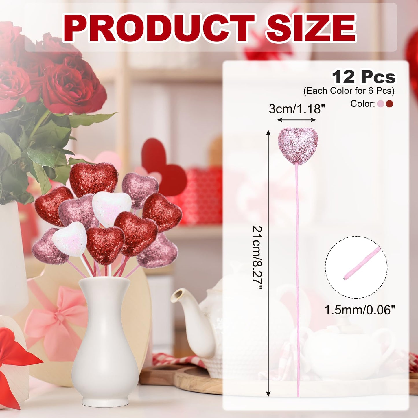 MECCANIXITY 12 Pcs Glitter Heart Shaped Picks Puffy Foam Hearts Floral Sparkly Stick for Valentine's Day Wedding Decor Home Vase Supplies Flower Arrangements Crafts (Red/Pink, 3cm x 21cm)