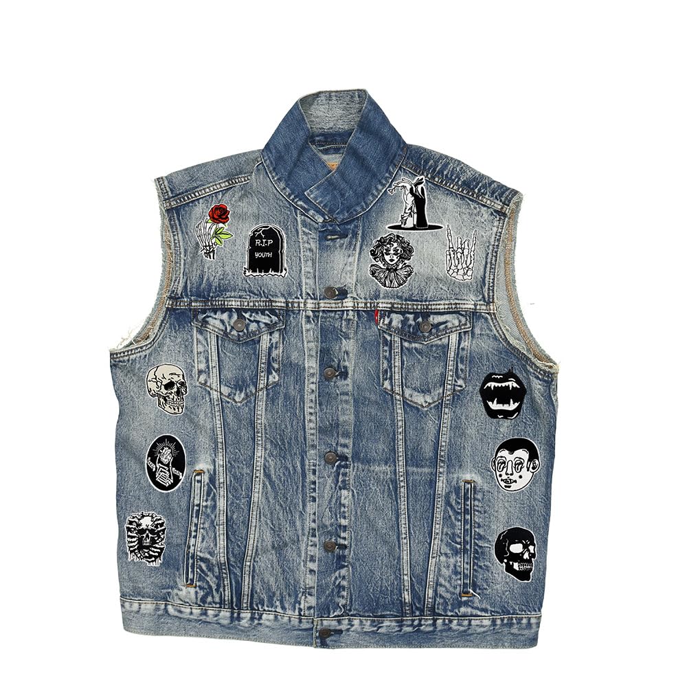20 PCS Goth Iron On Patches Gothic Punk Cool Skull Rose Sew On Applique Embroidered Patches for Backpacks Pants Clothes Jeans Vests DIY Decoration Bags Hat Jackets Coat Uniforms Dress