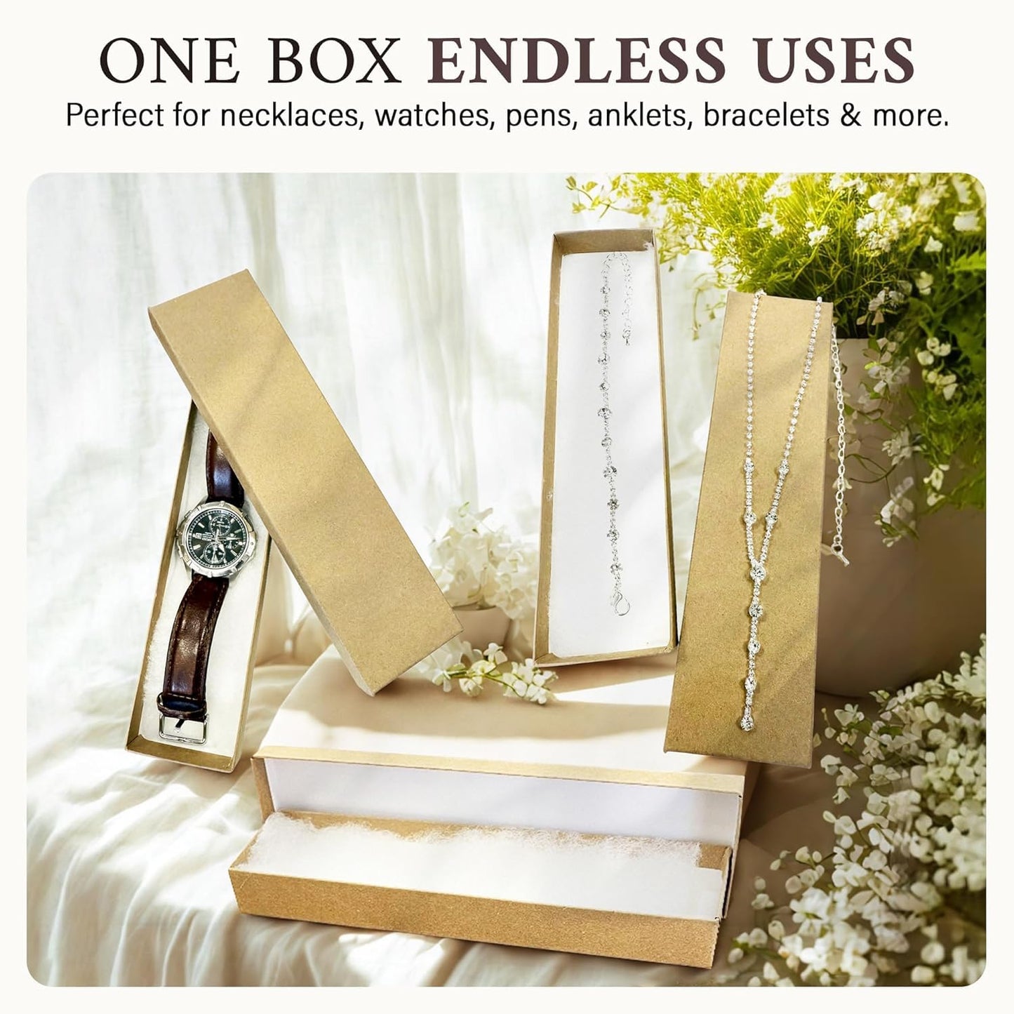 RJ Displays 6 Pack Cotton Brown Kraft Color paper Cardboard Jewelry Boxes for Bracelets, Necklace boxes, Watch & Small Gifts box, Jewelry Gift Boxes Size 8" x 2" x 1" Inch -(Brown Kraft)