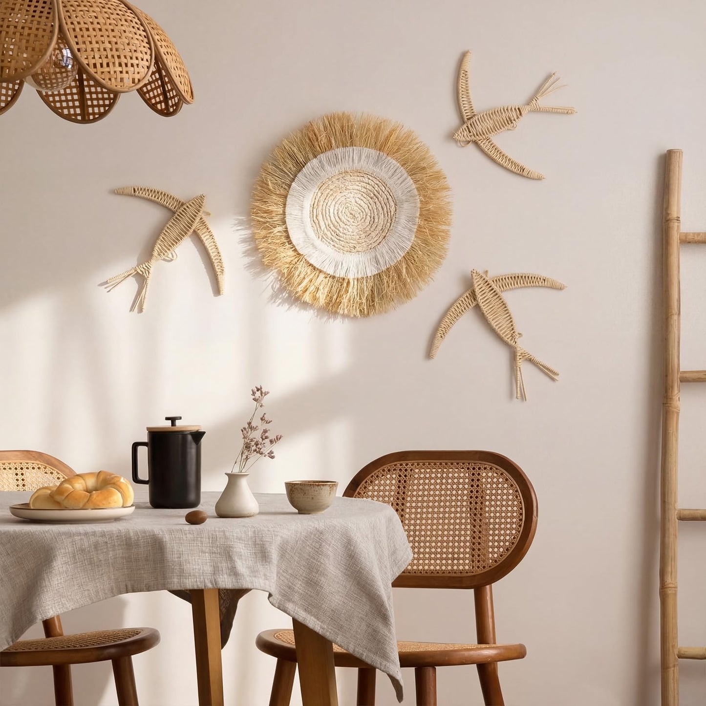 Chumia 4 Pcs Boho Wall Basket Decor Bohemia Woven Wicker Bird and Raffia Sun Jute Decor Boho Handmade Hanging Wall Art Rustic Jute Home Wicker for Indoor Bedroom Living Room Wedding Housewarming Gift