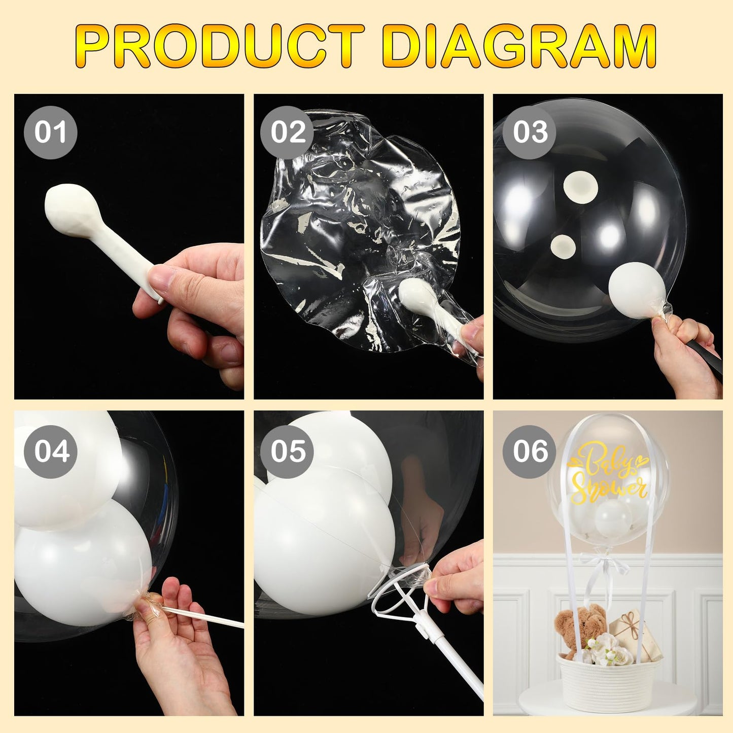 BrightRow DIY Hot Air Balloon Baby Shower Gift Basket Decoration Set Woven Basket Transparent Bobo and White Balloons Ribbon Balloon Stand Sticker Newborn Gift Wrapping Baby Shower Party Decor