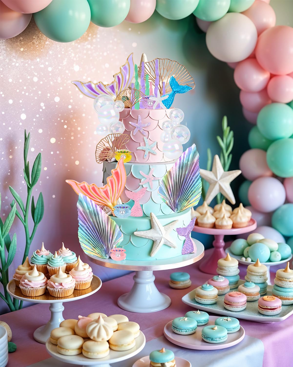 Glavatrix Mermaid Cake Toppers, 40-Piece Under the Sea Cake Decor Set, Seaweed, Bubbles, Tails, Starfish, Shells, Origami, Golden Ginkgo Leaves, for Birthday Mermaid Theme Party Supplies