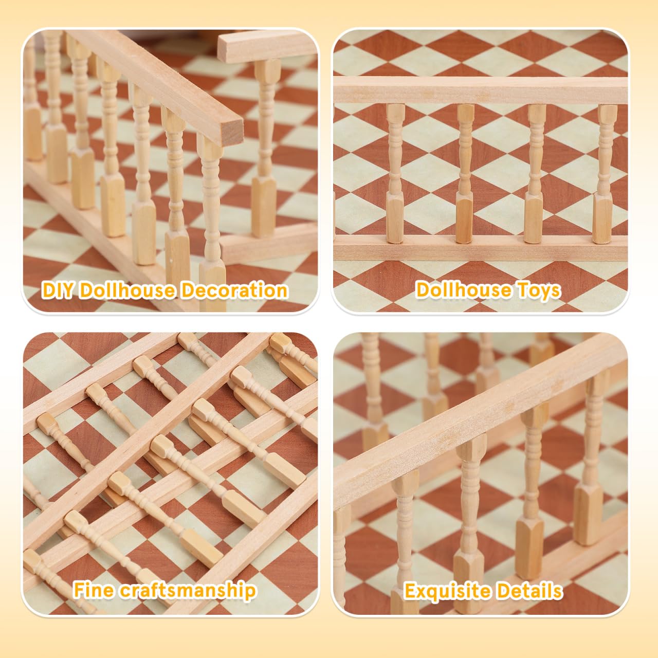 Garneck 2PCS Dollhouse Railing Kit: 1:12 Scale Unfinished Wooden Handrail Miniature Porch Railing for Balcony Tiny Stair Fence Accessories DIY Fairy Doll House Furniture Decoration