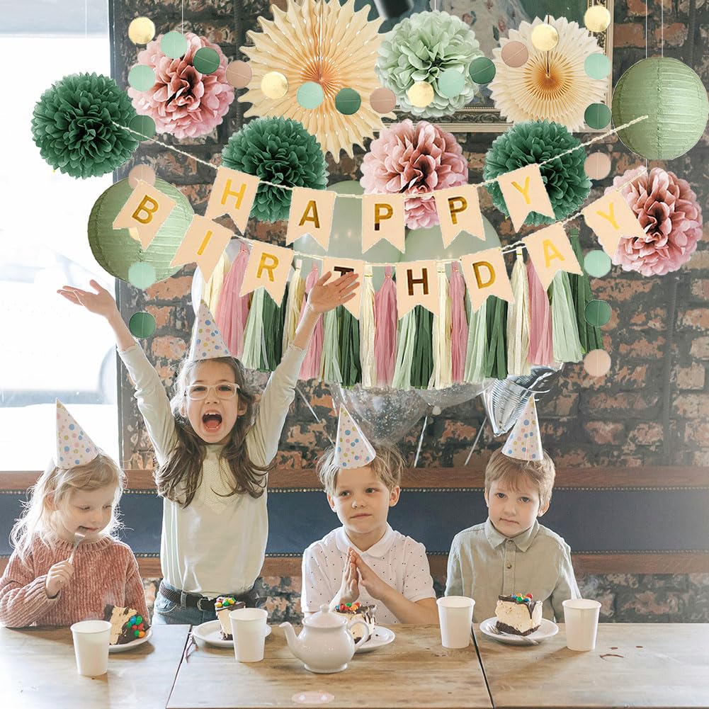 Sage Green and Pink Birthday Decorations Dusty Rose and Sage Green Happy Birthday Decor Retro Olive Sage Green and Dusty Pink Birthday Decorations for Women Girls with Tassel Garland Banner Beige Gold